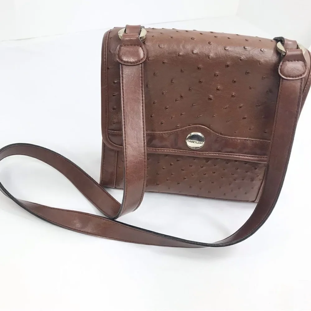 Carryland Brown Faux Ostrich Leather Flap Closure Retro Classic Shoulder Bag